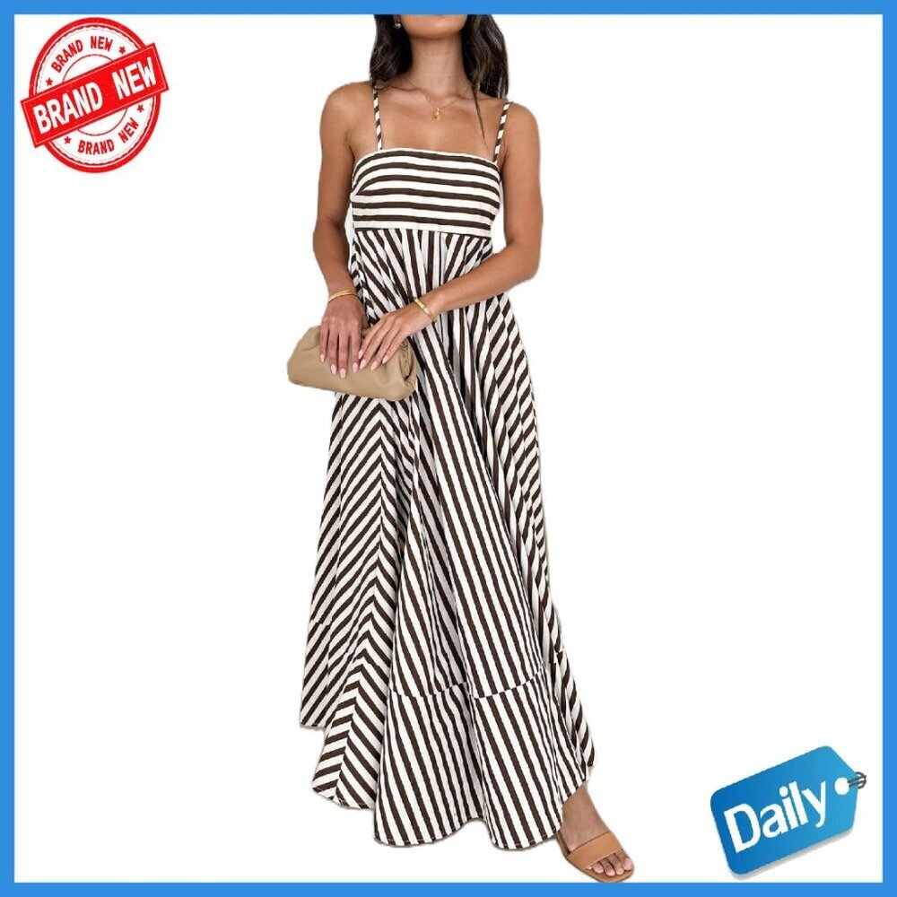Striped Sleeveless Maxi Dress Smocked Back Spaghetti Strap Boho